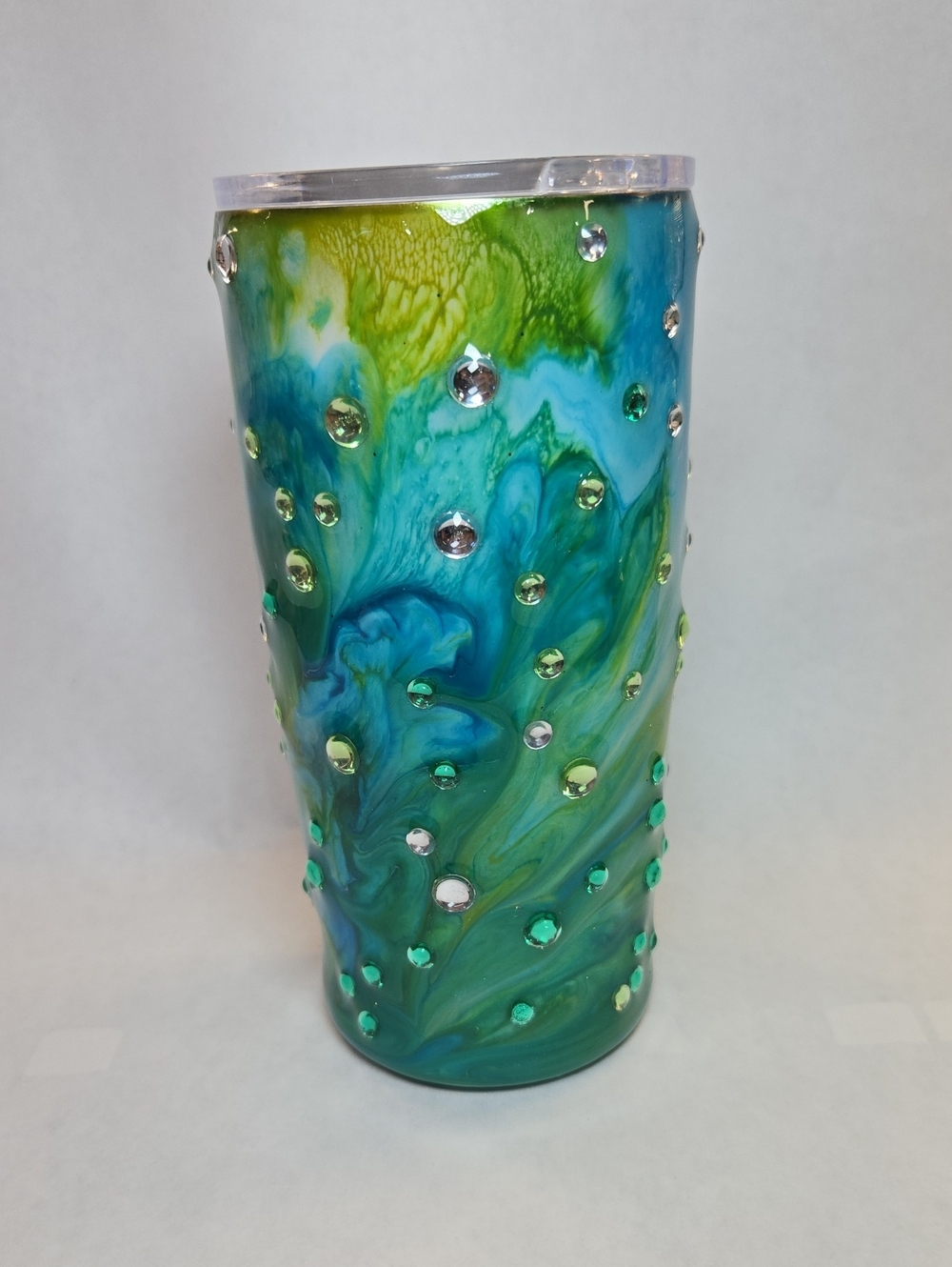 Green Blue Swirl Rhinestone Travel Tumbler